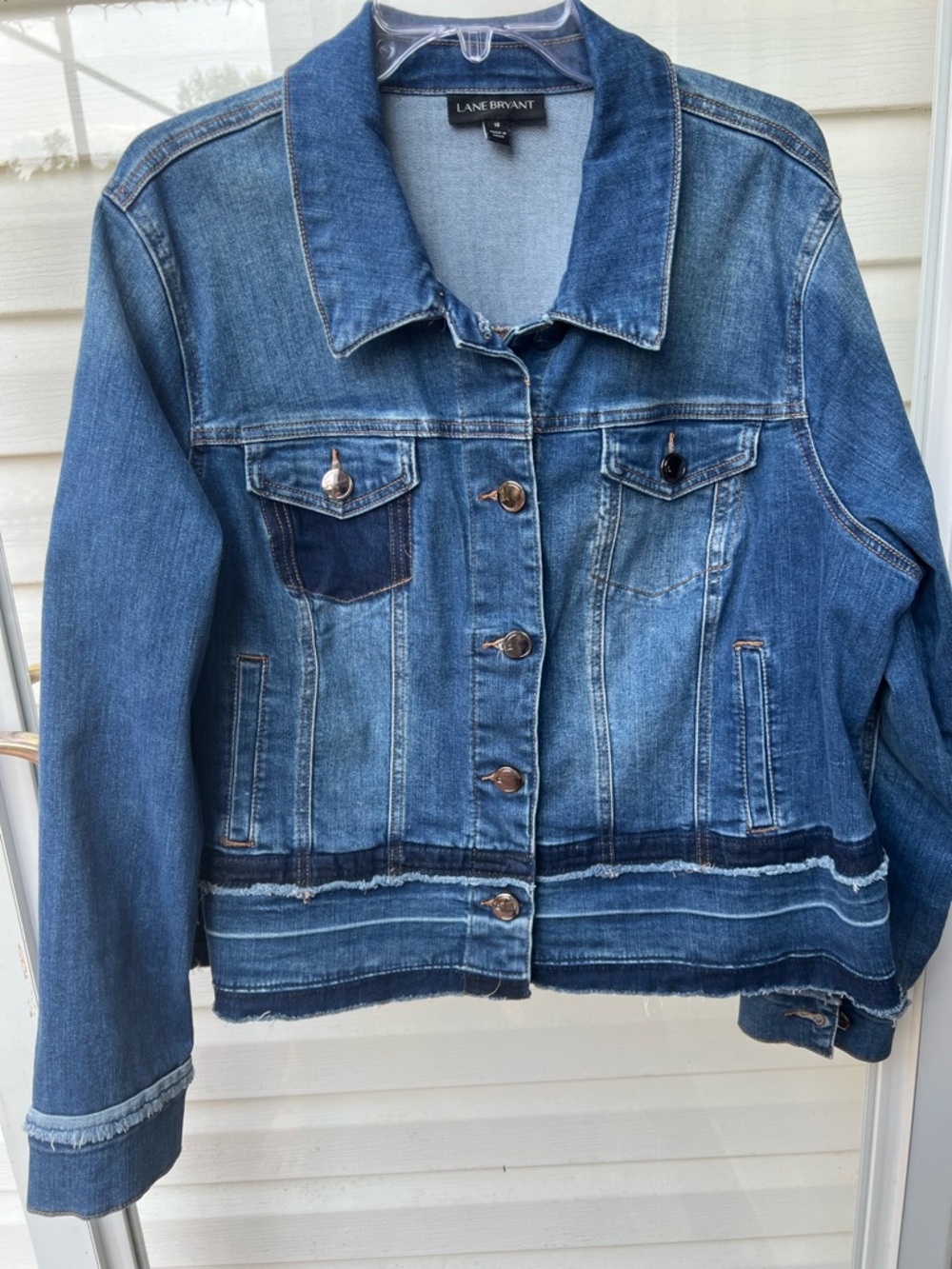 Lane Bryant Distressed Dark Wash denim Jacket with Raw Hem Detail- Size 18